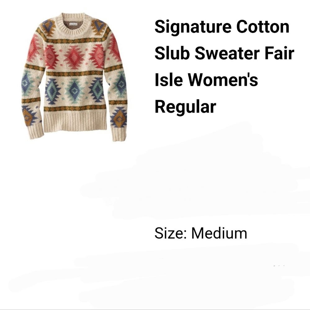 LLBean Women's Medium 100% Cotton Slub Fair Isle Multicolor Crew Neck Sweater - Picture 4 of 15